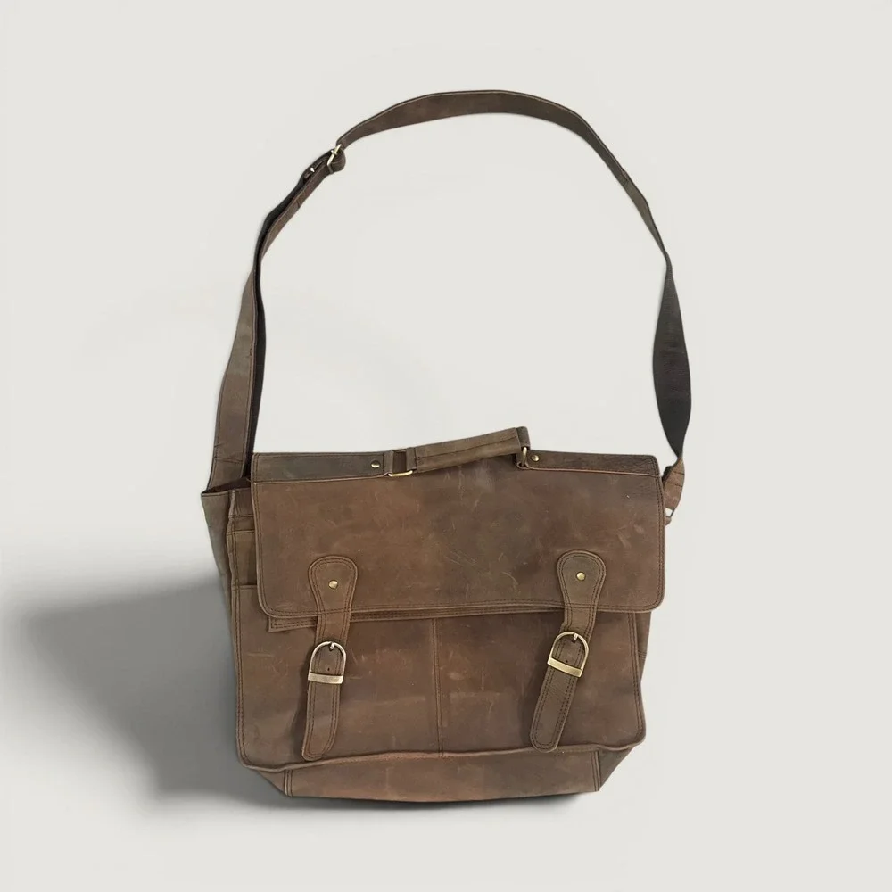 Brown Genuine Leather Messenger Bag Crossbody Satchel Laptop Work School 17x12